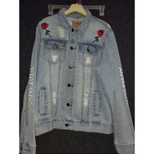 Carbon Embroidered Distressed Jean Jacket Size Large